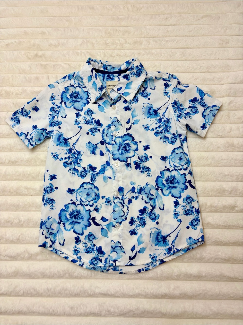 Kid’s Boys Blue Floral Short-Sleeve Button-Down Church Beach Vibes Shirt 5 S
